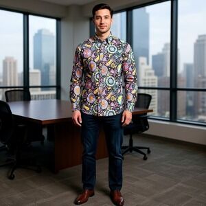 LucMatton Mens XL Psychedelic Paisley Floral Button Down Shirt Black Multicolor